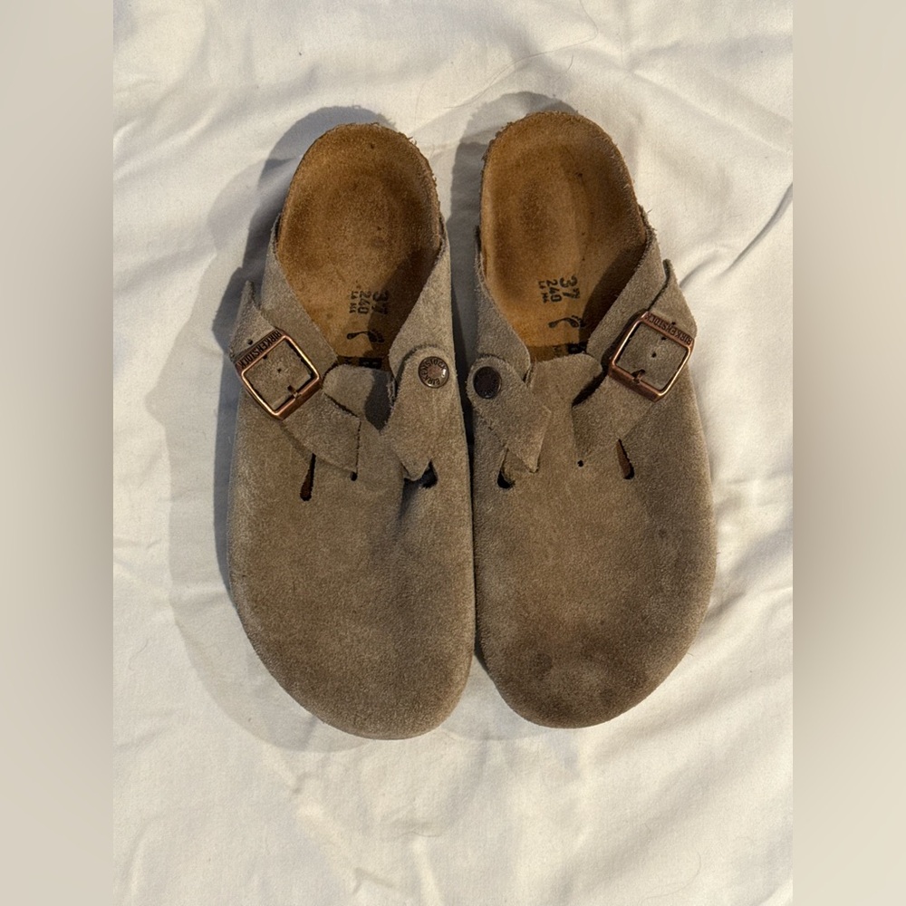 Birkenstock Suede Slip-On Clogs in Taupe Brown